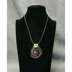 Dichroic Glass Art Glass Pendant Brown Leather Cord Necklace 925 Sterling Clasp